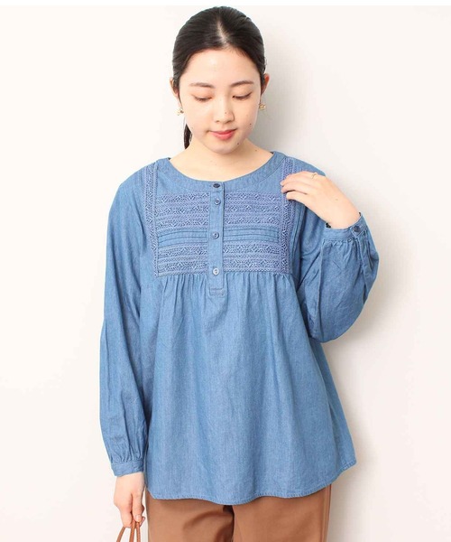 【セール】【L～5L 大きいサイズ】レース 使い デニム ブラウス（シャツ/ブラウス）｜MB mint breeze（エムビーミントブリーズ）