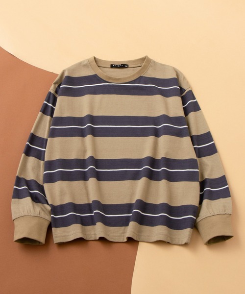 SHISKY（シスキー）の「SHISKY / シスキー ビッグシルエット ボーダー ロンT 長袖 キッズ（Tシャツ/カットソー・キッズ・ベージュ/ホワイト/ネイビー/ブラック/グリーン/チャコール/パープル系2/ブラック系2/ホワイト系2/グレー系2/ベージュ系2/グリーン系2・140/130/150/160/120/110）」の8枚目の写真