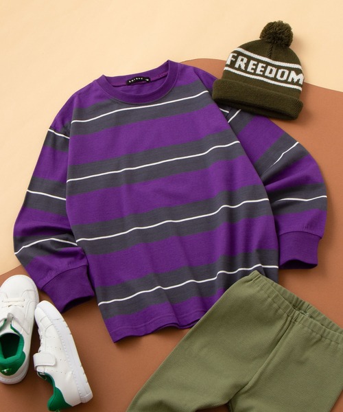 SHISKY（シスキー）の「SHISKY / シスキー ビッグシルエット ボーダー ロンT 長袖 キッズ（Tシャツ/カットソー・キッズ・ベージュ/ホワイト/ネイビー/ブラック/グリーン/チャコール/パープル系2/ブラック系2/ホワイト系2/グレー系2/ベージュ系2/グリーン系2・140/130/150/160/120/110）」の12枚目の写真