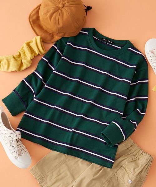 SHISKY（シスキー）の「SHISKY / シスキー ビッグシルエット ボーダー ロンT 長袖 キッズ（Tシャツ/カットソー・キッズ・ベージュ/ホワイト/ネイビー/ブラック/グリーン/チャコール/パープル系2/ブラック系2/ホワイト系2/グレー系2/ベージュ系2/グリーン系2・140/130/150/160/120/110）」の9枚目の写真