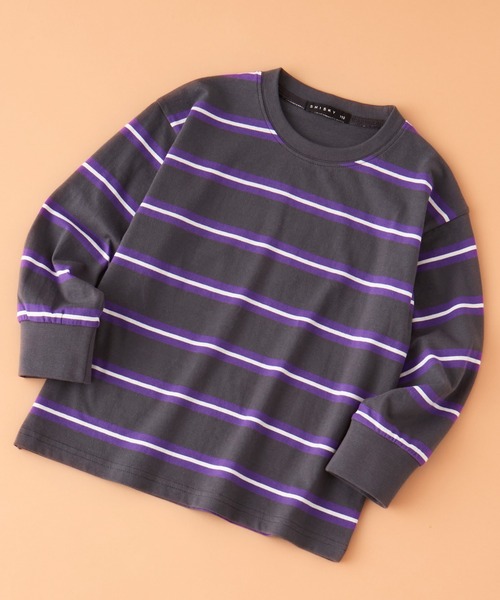 SHISKY（シスキー）の「SHISKY / シスキー ビッグシルエット ボーダー ロンT 長袖 キッズ（Tシャツ/カットソー・キッズ・ベージュ/ホワイト/ネイビー/ブラック/グリーン/チャコール/パープル系2/ブラック系2/ホワイト系2/グレー系2/ベージュ系2/グリーン系2・140/130/150/160/120/110）」の5枚目の写真