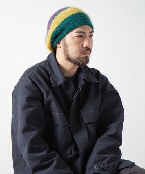 RACAL（ラカル）の「Stripe Mohair Knit Tam Beret / ボーダー切り替えモヘアニットタムベレー（ニットキャップ/ビーニー・メンズ・ブラック系その他/グリーン系その他/ブラック/ブルー系その他/チャコールグレー・FREE）」の4枚目の写真
