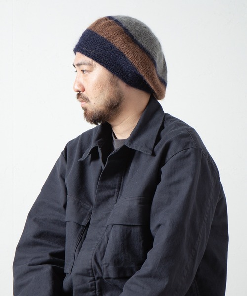 RACAL（ラカル）の「Stripe Mohair Knit Tam Beret / ボーダー切り替えモヘアニットタムベレー（ニットキャップ/ビーニー・メンズ・ブラック系その他/グリーン系その他/ブラック/ブルー系その他/チャコールグレー・FREE）」の5枚目の写真