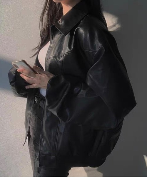 Chick（チック）の「▲フェイクレザーボンバージャケット（ブルゾン・レディース・ブラック/ブラウン・FREE）」の3枚目の写真