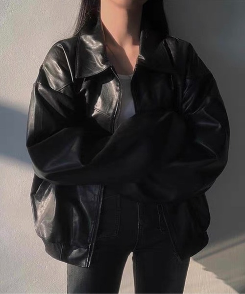 Chick（チック）の「▲フェイクレザーボンバージャケット（ブルゾン・レディース・ブラック/ブラウン・FREE）」の4枚目の写真