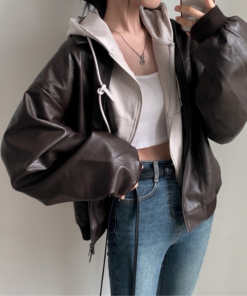 Chick（チック）の「▲フェイクレザーボンバージャケット（ブルゾン・レディース・ブラック/ブラウン・FREE）」の9枚目の写真