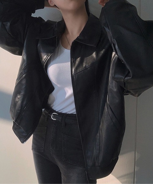 Chick（チック）の「▲フェイクレザーボンバージャケット（ブルゾン・レディース・ブラック/ブラウン・FREE）」の6枚目の写真