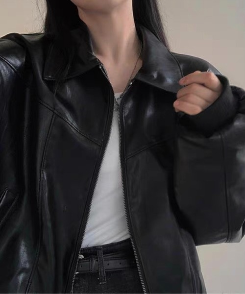 Chick（チック）の「▲フェイクレザーボンバージャケット（ブルゾン・レディース・ブラック/ブラウン・FREE）」の7枚目の写真