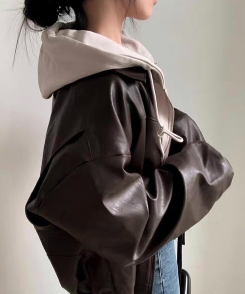 Chick（チック）の「▲フェイクレザーボンバージャケット（ブルゾン・レディース・ブラック/ブラウン・FREE）」の13枚目の写真