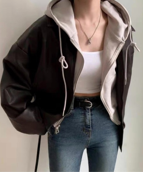 Chick（チック）の「▲フェイクレザーボンバージャケット（ブルゾン・レディース・ブラック/ブラウン・FREE）」の10枚目の写真