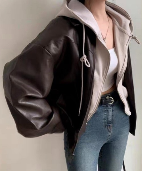 Chick（チック）の「▲フェイクレザーボンバージャケット（ブルゾン・レディース・ブラック/ブラウン・FREE）」の11枚目の写真