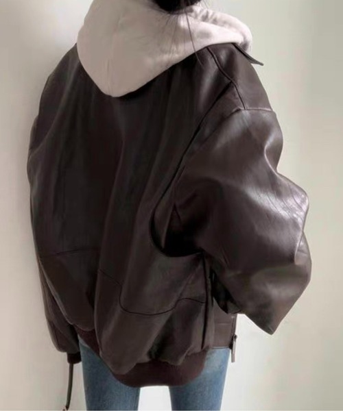 Chick（チック）の「▲フェイクレザーボンバージャケット（ブルゾン・レディース・ブラック/ブラウン・FREE）」の14枚目の写真