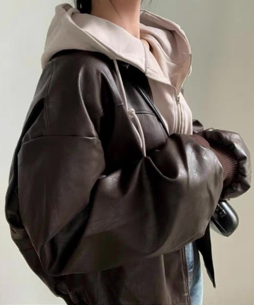 Chick（チック）の「▲フェイクレザーボンバージャケット（ブルゾン・レディース・ブラック/ブラウン・FREE）」の15枚目の写真