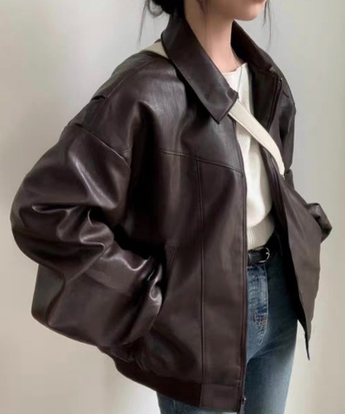 Chick（チック）の「▲フェイクレザーボンバージャケット（ブルゾン・レディース・ブラック/ブラウン・FREE）」の12枚目の写真