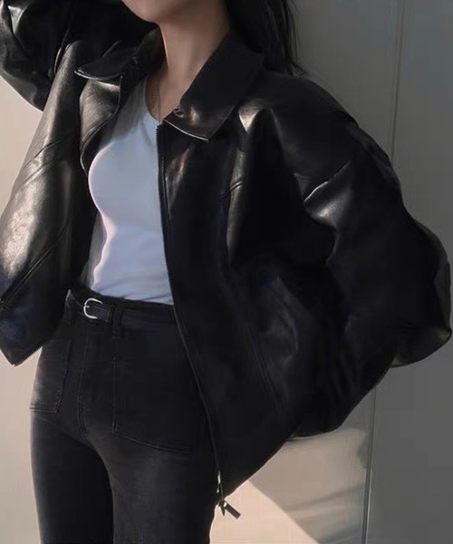 Chick（チック）の「▲フェイクレザーボンバージャケット（ブルゾン・レディース・ブラック/ブラウン・FREE）」の5枚目の写真