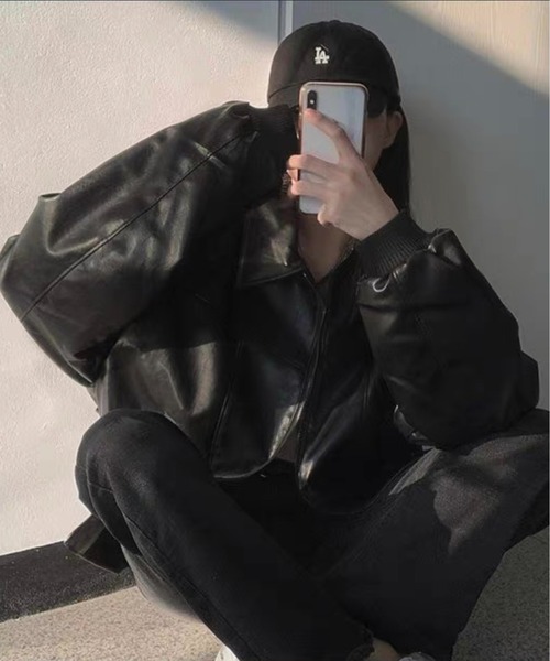 Chick（チック）の「▲フェイクレザーボンバージャケット（ブルゾン・レディース・ブラック/ブラウン・FREE）」の8枚目の写真