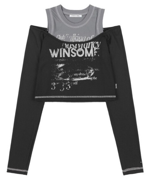 【セール】韓国ブランド NASTY FANCY CLUB ナスティーファンシークラブ WINSOME OFF SHOULDER HALTERNECK CROP TEE 長袖トップス 長袖Tシャツ ロンT 短丈トップス クロップドトップス クロップTシャツ ショートT ロゴT オフショルダー レイヤードロンT（Tシャツ/カットソー）｜NASTY FANCY CLUB（ナスティーファンシークラブ）