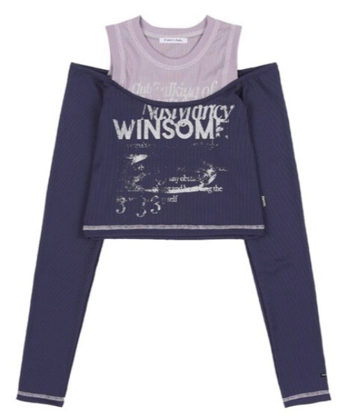 【セール】韓国ブランド NASTY FANCY CLUB ナスティーファンシークラブ WINSOME OFF SHOULDER HALTERNECK CROP TEE 長袖トップス 長袖Tシャツ ロンT 短丈トップス クロップドトップス クロップTシャツ ショートT ロゴT オフショルダー レイヤードロンT（Tシャツ/カットソー）｜NASTY FANCY CLUB（ナスティーファンシークラブ）