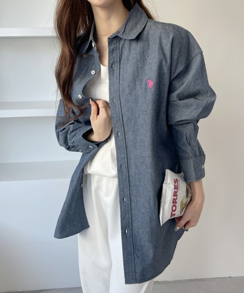 U.S. POLO ASSN.（ユーエスポロアッスン）の「U.S. POLO ASSN.　レギュラーカラーシャツ（シャツ/ブラウス・レディース・インディゴブルー/ネイビー/ホワイト/ホワイト×ネイビー/ブルー系その他・L/M）」の4枚目の写真