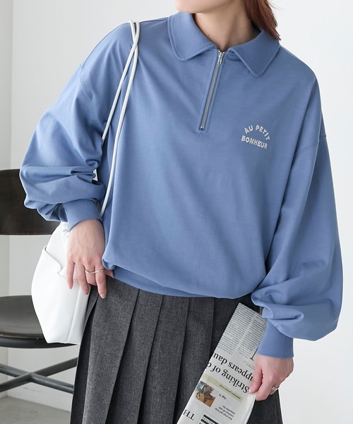 BONLECILL(ボンルシール)の「ハーフジップロゴ刺繍丸襟プルオーバー(Tシャツ/カットソー・レディース・ブルー/レッド/オートミール/チャコールグレー・FREE)」の3枚目の写真