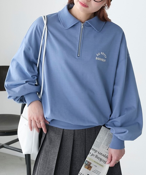 BONLECILL(ボンルシール)の「ハーフジップロゴ刺繍丸襟プルオーバー(Tシャツ/カットソー・レディース・ブルー/レッド/オートミール/チャコールグレー・FREE)」の10枚目の写真