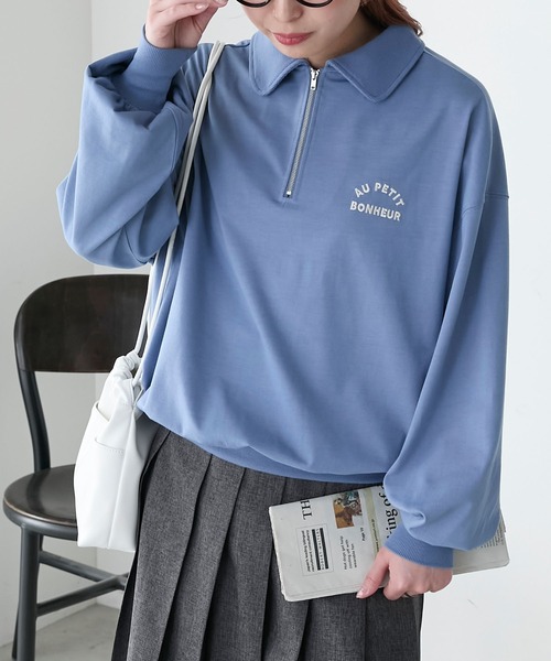 BONLECILL(ボンルシール)の「ハーフジップロゴ刺繍丸襟プルオーバー(Tシャツ/カットソー・レディース・ブルー/レッド/オートミール/チャコールグレー・FREE)」の11枚目の写真
