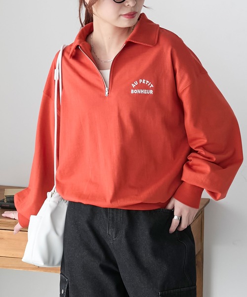 BONLECILL(ボンルシール)の「ハーフジップロゴ刺繍丸襟プルオーバー(Tシャツ/カットソー・レディース・ブルー/レッド/オートミール/チャコールグレー・FREE)」の12枚目の写真