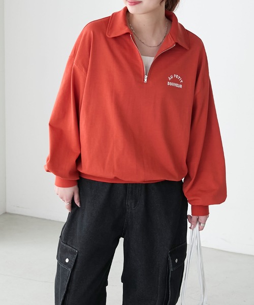 BONLECILL(ボンルシール)の「ハーフジップロゴ刺繍丸襟プルオーバー(Tシャツ/カットソー・レディース・ブルー/レッド/オートミール/チャコールグレー・FREE)」の13枚目の写真