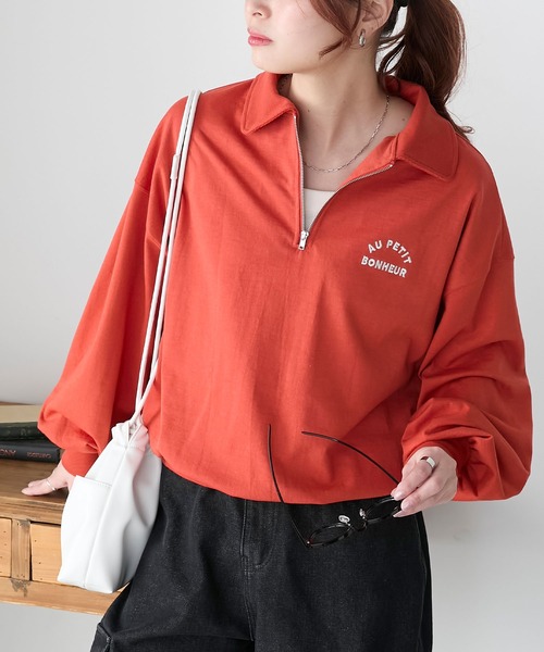 BONLECILL(ボンルシール)の「ハーフジップロゴ刺繍丸襟プルオーバー(Tシャツ/カットソー・レディース・ブルー/レッド/オートミール/チャコールグレー・FREE)」の19枚目の写真