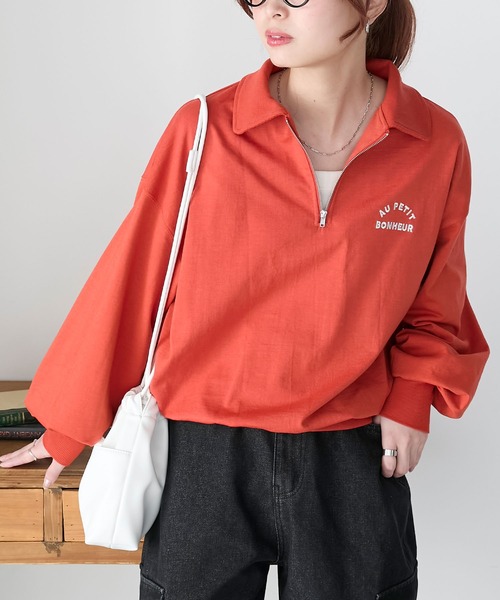 BONLECILL(ボンルシール)の「ハーフジップロゴ刺繍丸襟プルオーバー(Tシャツ/カットソー・レディース・ブルー/レッド/オートミール/チャコールグレー・FREE)」の20枚目の写真
