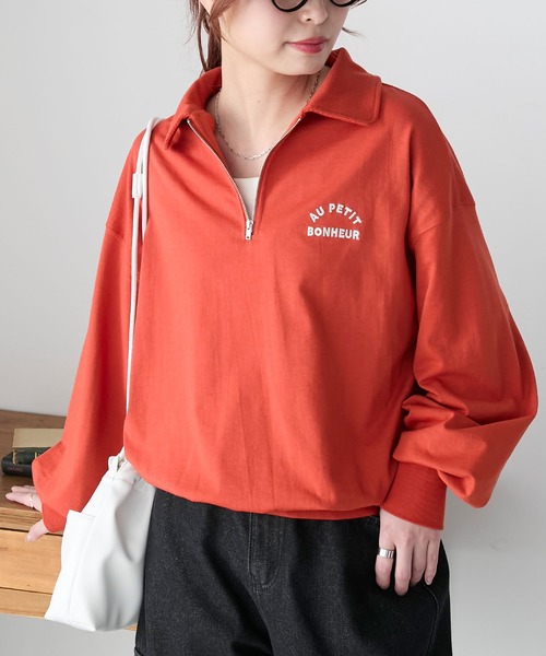 BONLECILL(ボンルシール)の「ハーフジップロゴ刺繍丸襟プルオーバー(Tシャツ/カットソー・レディース・ブルー/レッド/オートミール/チャコールグレー・FREE)」の21枚目の写真