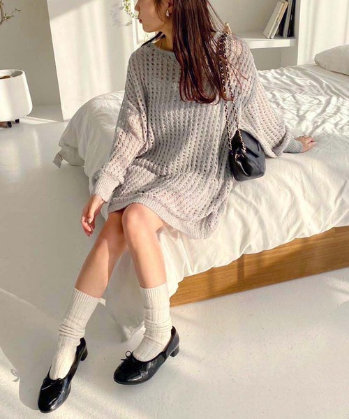 one after another NICE CLAUP（ワンアフターアナザーナイスクラップ）の「メッシュニットワンピース（ワンピース・レディース・アイボリー/チャコールグレー/ブルー/ライトグレー・FREE）」の3枚目の写真