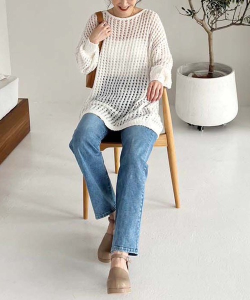 one after another NICE CLAUP（ワンアフターアナザーナイスクラップ）の「メッシュニットワンピース（ワンピース・レディース・アイボリー/チャコールグレー/ブルー/ライトグレー・FREE）」の11枚目の写真