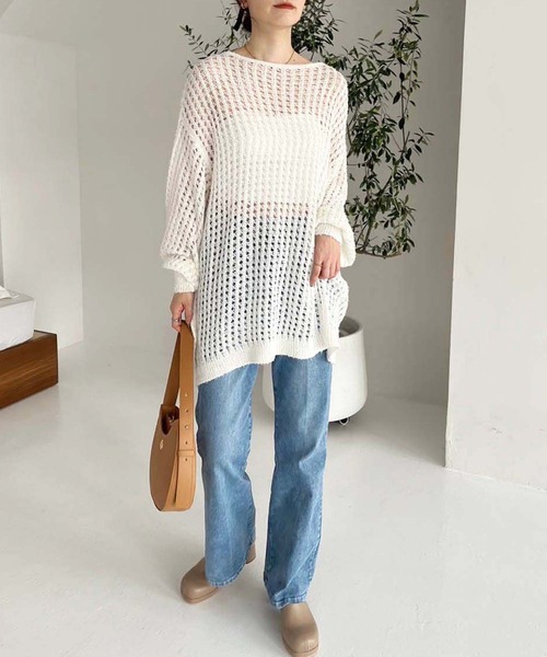 one after another NICE CLAUP（ワンアフターアナザーナイスクラップ）の「メッシュニットワンピース（ワンピース・レディース・アイボリー/チャコールグレー/ブルー/ライトグレー・FREE）」の8枚目の写真