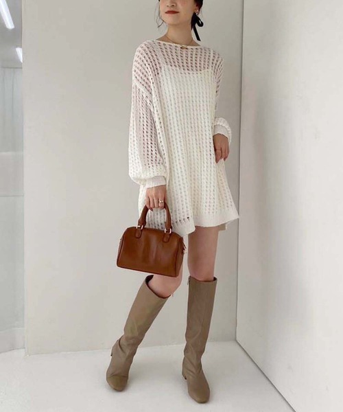 one after another NICE CLAUP（ワンアフターアナザーナイスクラップ）の「メッシュニットワンピース（ワンピース・レディース・アイボリー/チャコールグレー/ブルー/ライトグレー・FREE）」の7枚目の写真