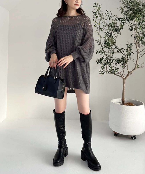 one after another NICE CLAUP（ワンアフターアナザーナイスクラップ）の「メッシュニットワンピース（ワンピース・レディース・アイボリー/チャコールグレー/ブルー/ライトグレー・FREE）」の13枚目の写真