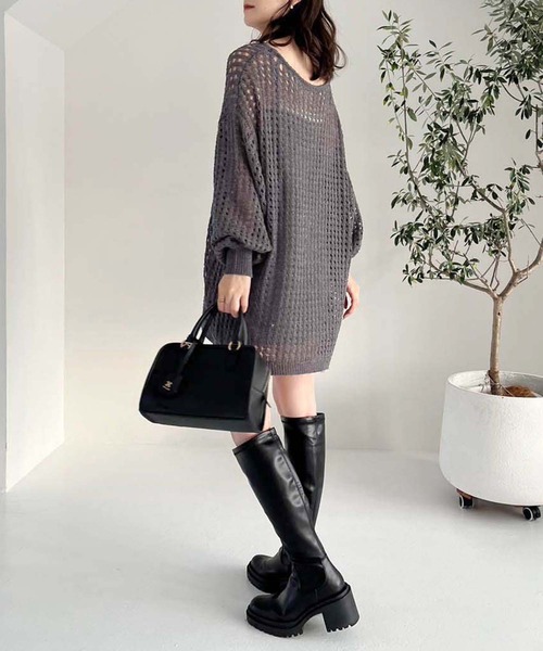 one after another NICE CLAUP（ワンアフターアナザーナイスクラップ）の「メッシュニットワンピース（ワンピース・レディース・アイボリー/チャコールグレー/ブルー/ライトグレー・FREE）」の12枚目の写真