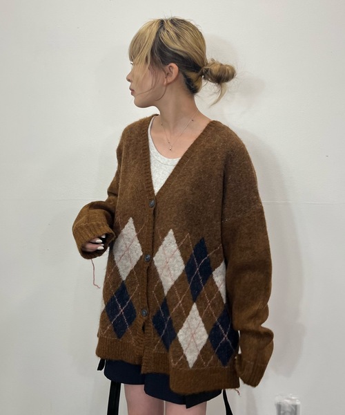 shesame(シーセム)の「アーガイルニットカーディガン(カーディガン/ボレロ・レディース・サックスブルー/ブラウン・MEDIUM/LARGE)」の3枚目の写真