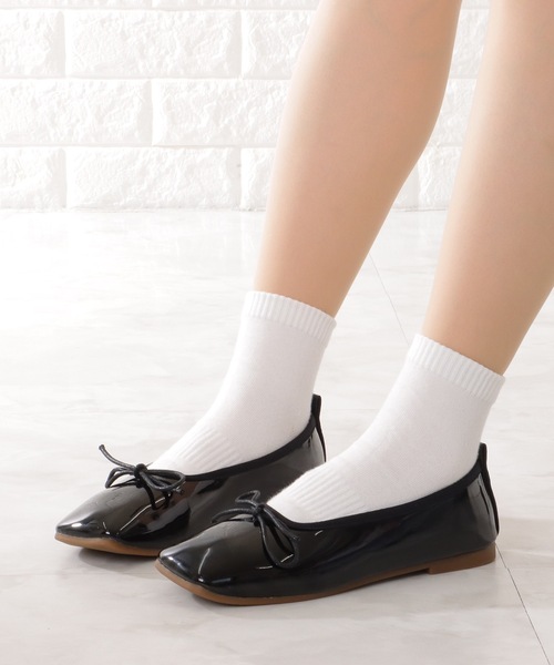 セール】スクエアトゥ リボン付き フラット バレエ パンプス