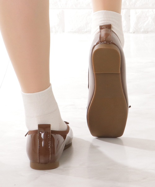 セール】スクエアトゥ リボン付き フラット バレエ パンプス