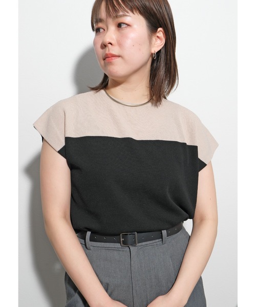palm RICHE（ポームリシュ）の「バイカラーニットTOPS（Tシャツ/カットソー・レディース・チャコールグレー/ブラック/オフホワイト・M）」の3枚目の写真