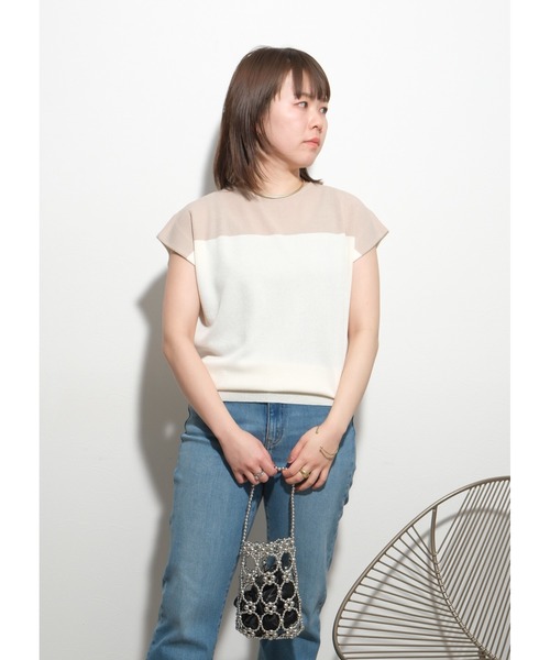 palm RICHE（ポームリシュ）の「バイカラーニットTOPS（Tシャツ/カットソー・レディース・チャコールグレー/ブラック/オフホワイト・M）」の4枚目の写真