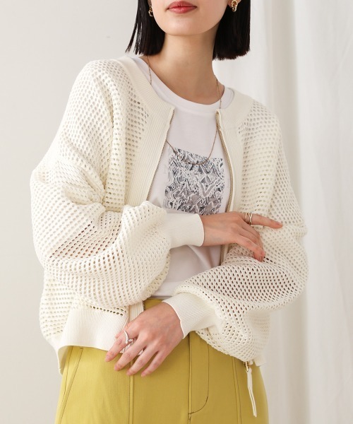 Bou Jeloud（ブージュルード）の「メッシュニットZIPブルゾン（ブルゾン・レディース・アイボリー/チャコールグレー・FREE）」の3枚目の写真