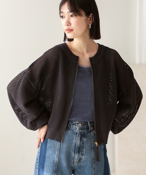 Bou Jeloud（ブージュルード）の「メッシュニットZIPブルゾン（ブルゾン・レディース・アイボリー/チャコールグレー・FREE）」の14枚目の写真