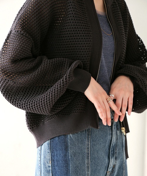 Bou Jeloud（ブージュルード）の「メッシュニットZIPブルゾン（ブルゾン・レディース・アイボリー/チャコールグレー・FREE）」の18枚目の写真