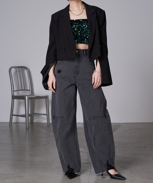 RAY CASSIN（レイカズン）の「袖スリットオーバーショートジャケット（テーラードジャケット・レディース・アイボリー/ブラック/グレー・FREE）」の18枚目の写真