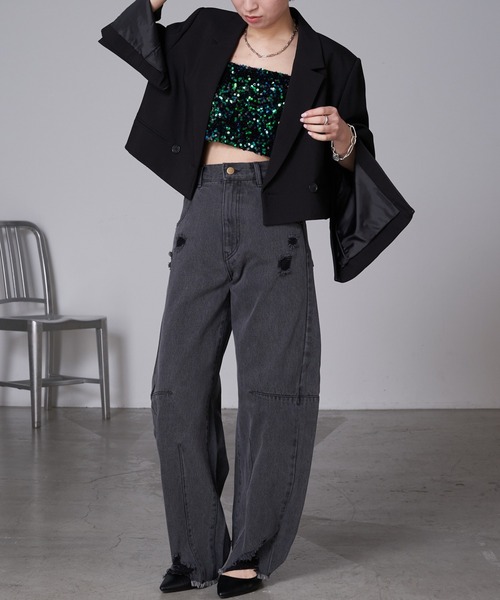 RAY CASSIN（レイカズン）の「袖スリットオーバーショートジャケット（テーラードジャケット・レディース・アイボリー/ブラック/グレー・FREE）」の19枚目の写真