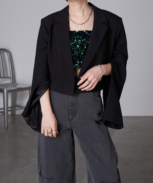 RAY CASSIN（レイカズン）の「袖スリットオーバーショートジャケット（テーラードジャケット・レディース・アイボリー/ブラック/グレー・FREE）」の20枚目の写真