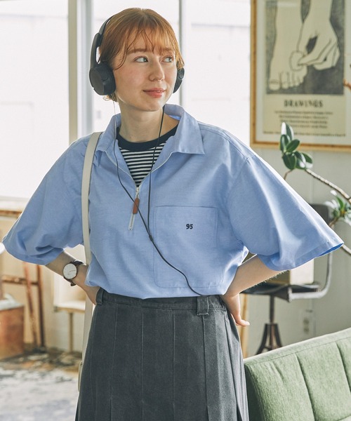 MONO-MART LADY'S（モノマートレディース）の「ワンポイントナンバリング刺繍ハーフジップシャツ（シャツ/ブラウス・レディース・サックスブルー/オフホワイト/グレー/ネイビー/ブラック/チャコールグレー/モカ・FREE）」の8枚目の写真