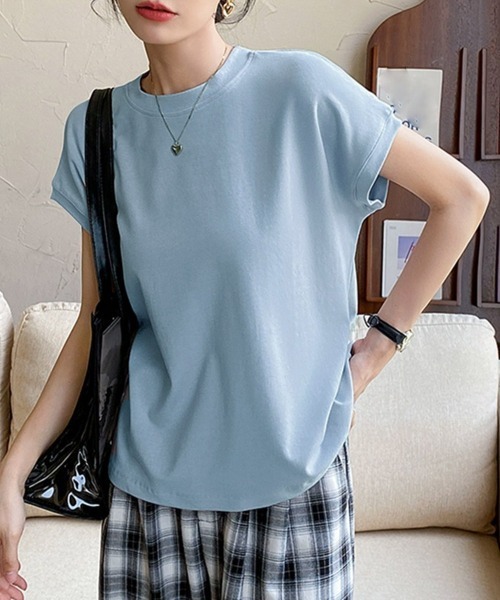 Miniministore(ミニミニストア)の「フレンチスリーブ 半袖 Tシャツ 韓国風(Tシャツ/カットソー・レディース・グリーン/ベージュ/ダークベージュ/ダークグレー/ピンク/ダークブラウン/ブラック/イエロー/ライトブルー/ホワイト・FREE)」の1枚目の写真